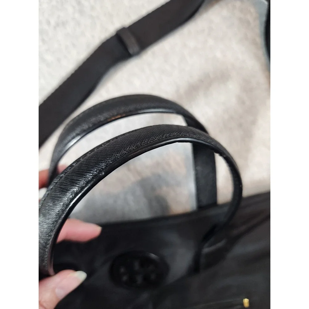 Tory Burch Ella Tote Bag Womens Medium Black Nylon Saffiano Crossbody Strap